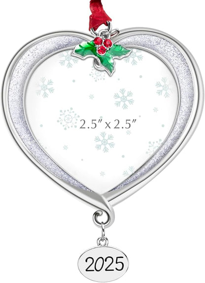 Christmas Tree Ornament Picture Frame Metal Hanging Pendant Holiday 2.5" Photo Frame Charm Decorative of Pets, Baby First Christmas, Family (2025 White)