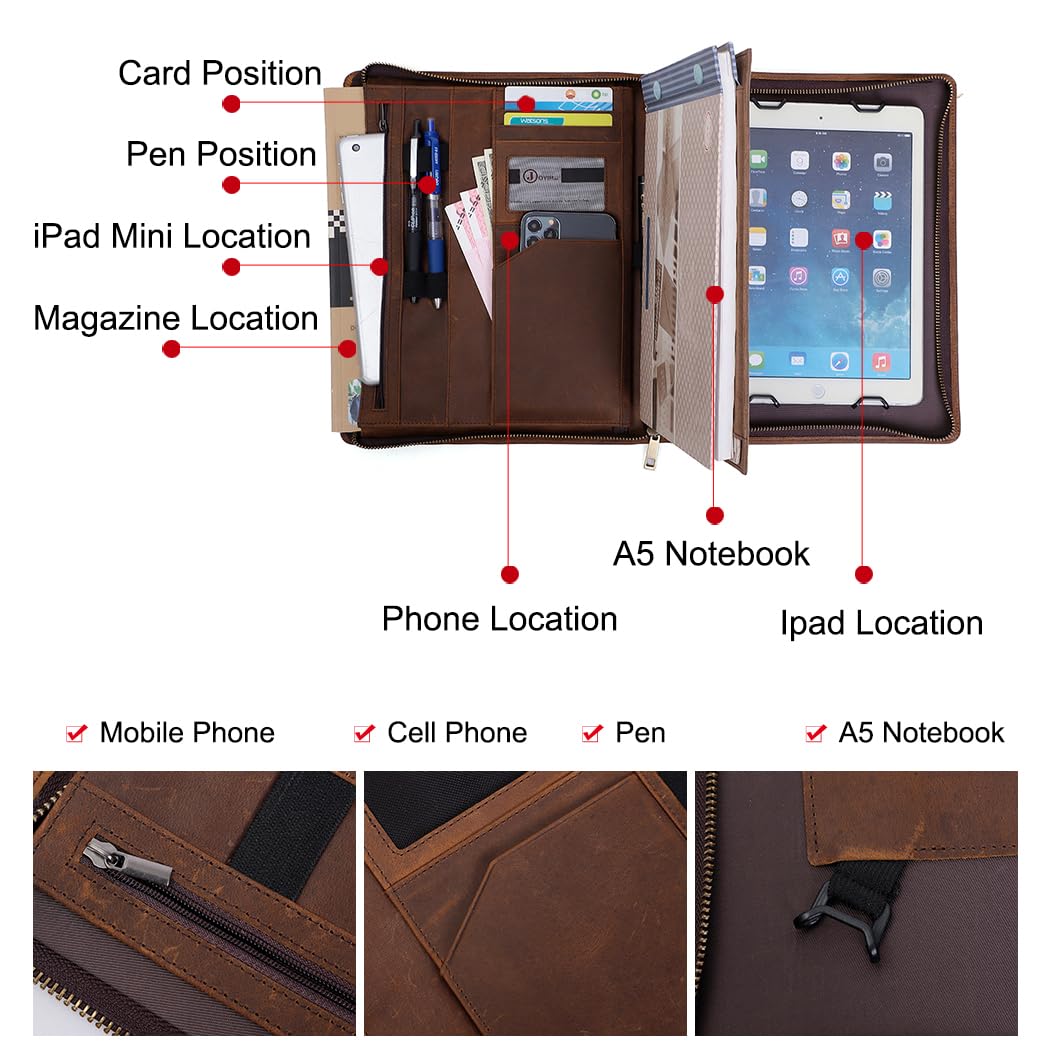 Crazy Horse Leather Portfolio Binder with 3-Zipper, Executive Padfolio Business Organizer & Resume Portfolio with iPad Holder, Legal Pad Portfolio for Men, Meetings, Interviews & Business Travel