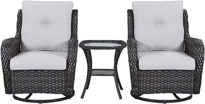 Rilyson Wicker Rocking Chair Swivel Chairs - 3 Piece Rocker Patio Furniture Set Rattan Rocking Bistro Sets with Glass Top Side Table for Outdoor Porch Deck Garden Backyard (Brown/Beige)