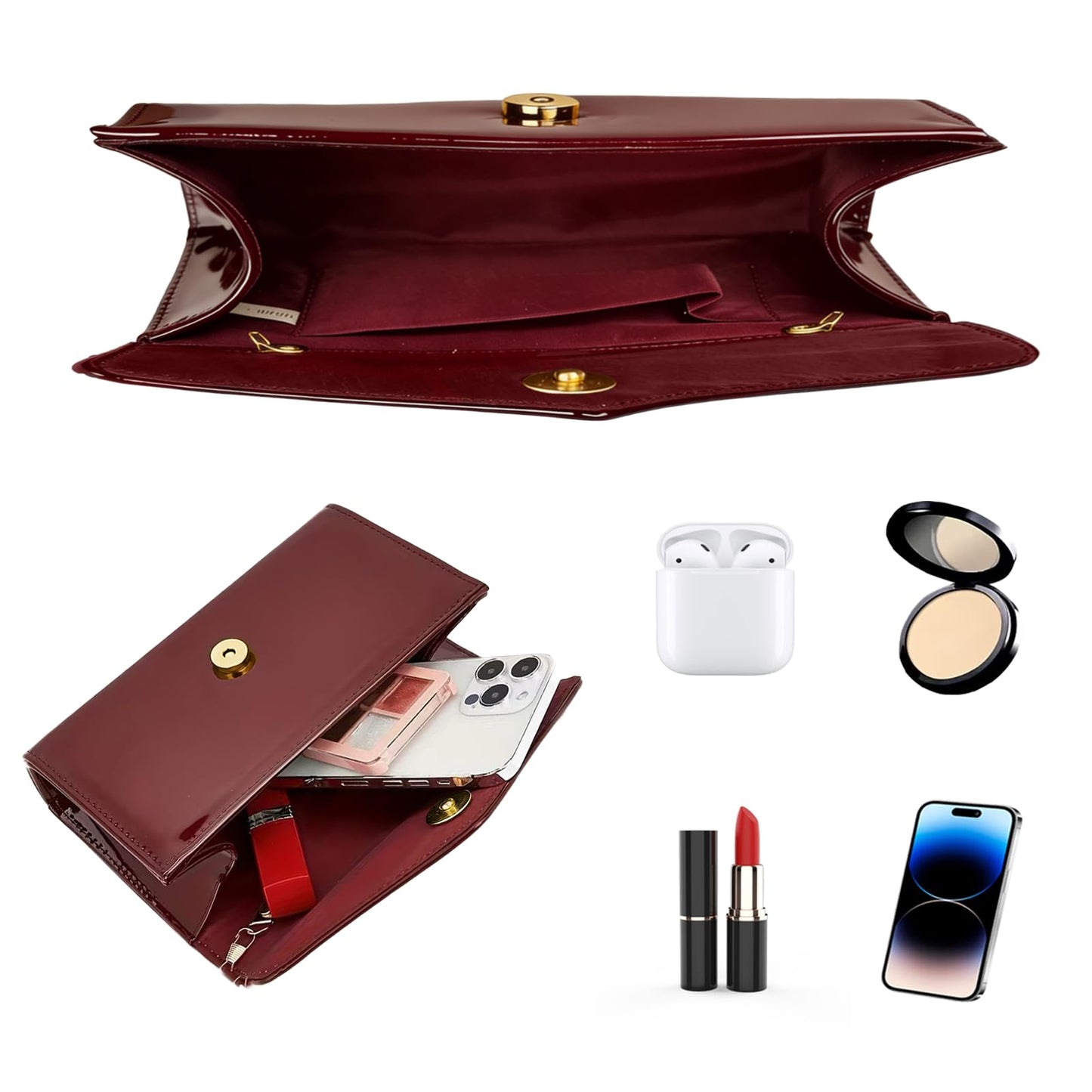 YAPAIOU Leather Envelope Evening Bag for Women Patent PU Clutch Purse for Formal Wedding Party Cocktail Prom Burgundy
