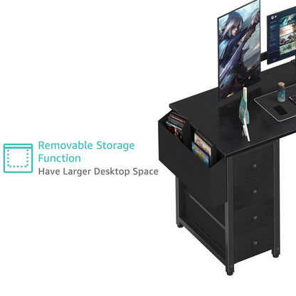 Lufeiya L Shaped Gaming Desk with Drawers & Storage Shelves, 55 Inch Corner Computer Desk with Power Outlet for Home Office Bedroom, L-Shaped Teen PC Desks with Fabric Drawer, Black