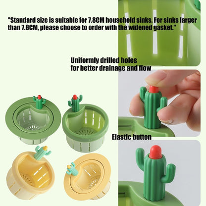 Cactus Kitchen Sink Drain Strainer Press to Dump Basket Waste Collector Fun Sink Accessory for Home Bathroom (YellowGreen-widened gasket-2)
