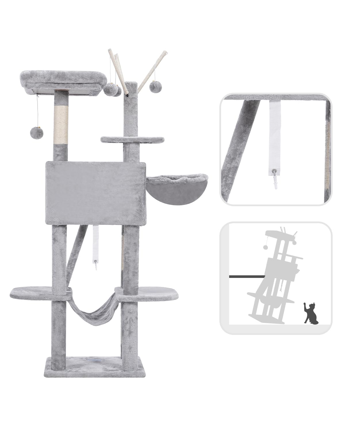 Hey-brother Cat Tree, 53 inch Cat Tower for Indoor Cats, Cat House with Padded Platform Bed, Toy Balls, Large Cozy Condo, Hammocks and Sisal Scratching Posts, Light Gray MPJ019-SW