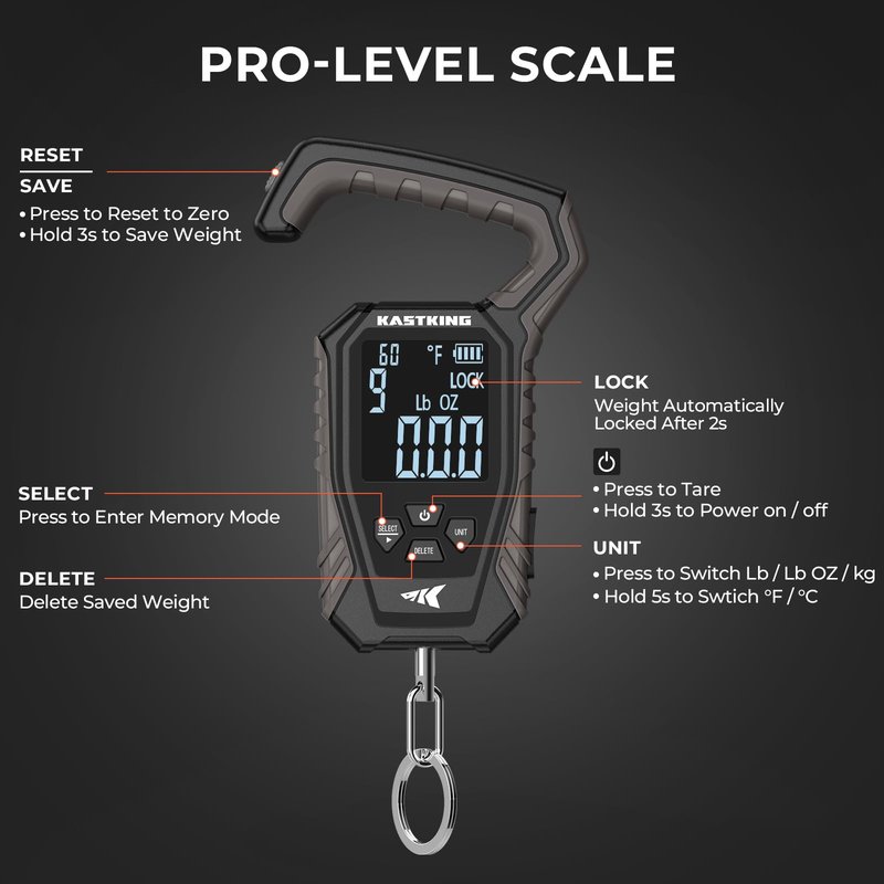 KastKing Weighmaster Mechanical-Digital Fishing Scale with Lip Gripper, 120 lb Capacity, 2.5" Backlit Display, High-Precision Sensor, 9 Weight Memory, Temperature Detection, IPX6 Waterproof