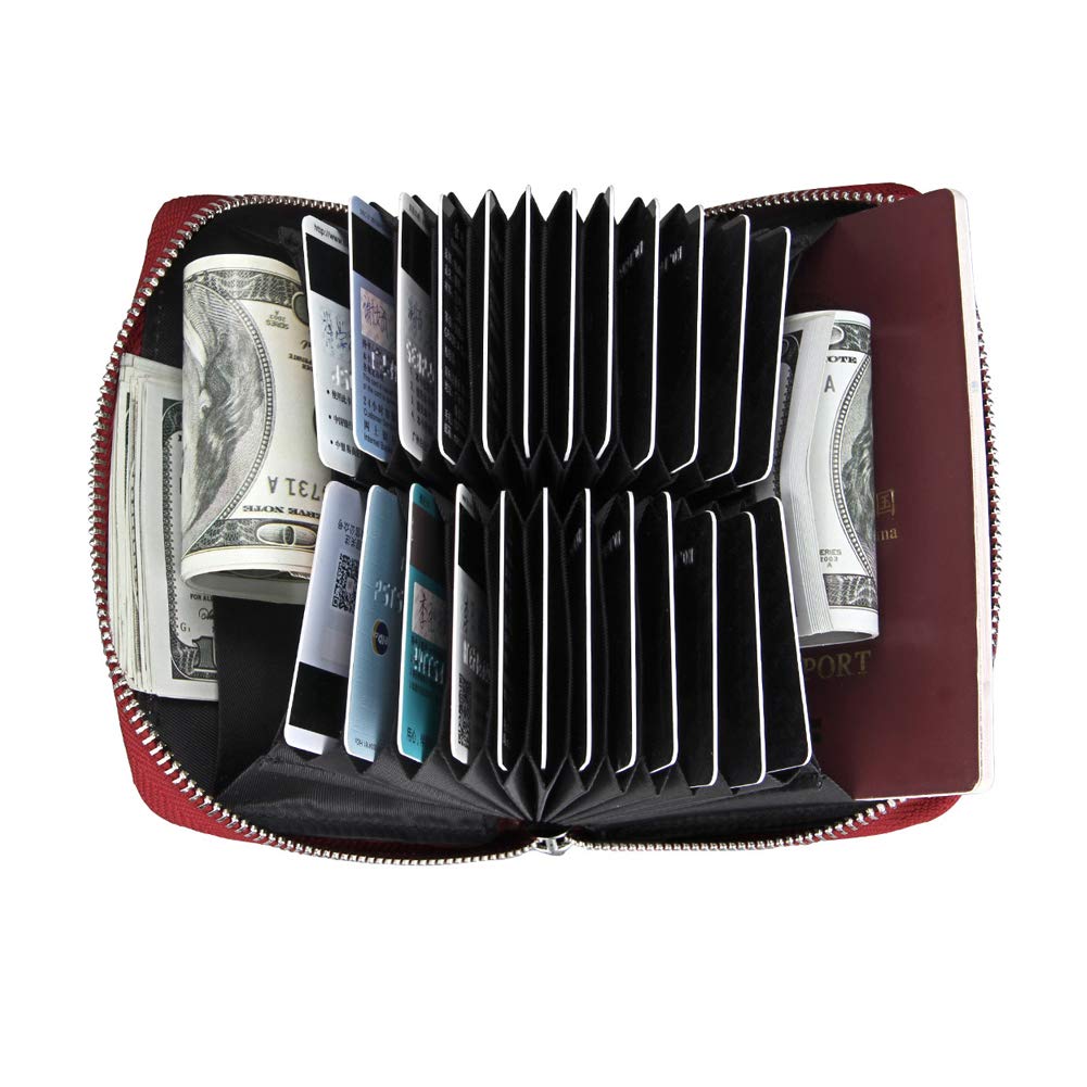 boshiho RFID Blocking 24 Slot Credit Card Holder Wallet Real Leather Multi Card Organizer Wallet with Zipper (red)