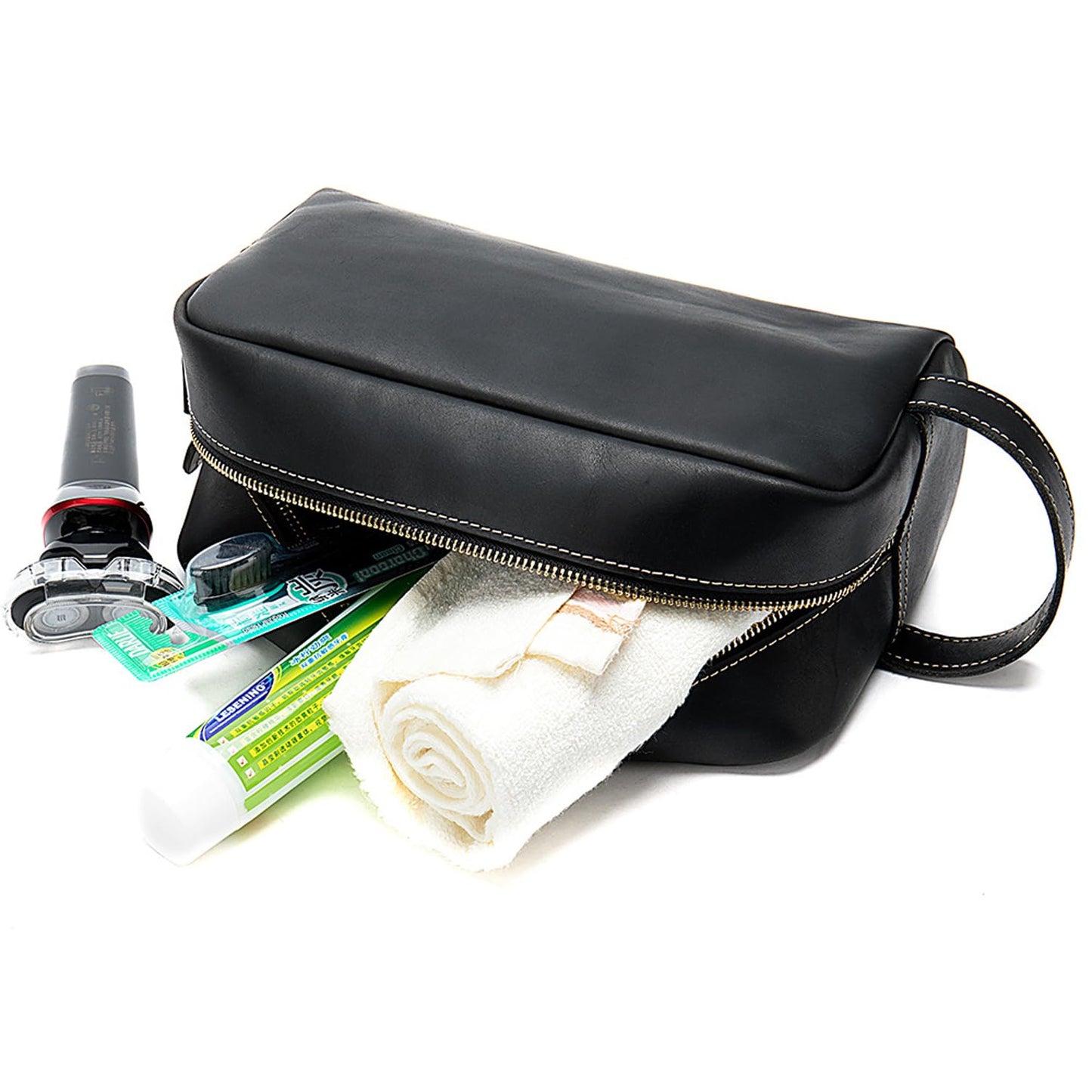 Full Grain Genuine Leather Zipped Travel Toiletry Bag for Women Men Ladies Clutch Purse Wallet Shaving Bag Cosmetic Bag Dopp Kit Wristlet Organizer Holder Wrist Bag Pack Business Handbag Black