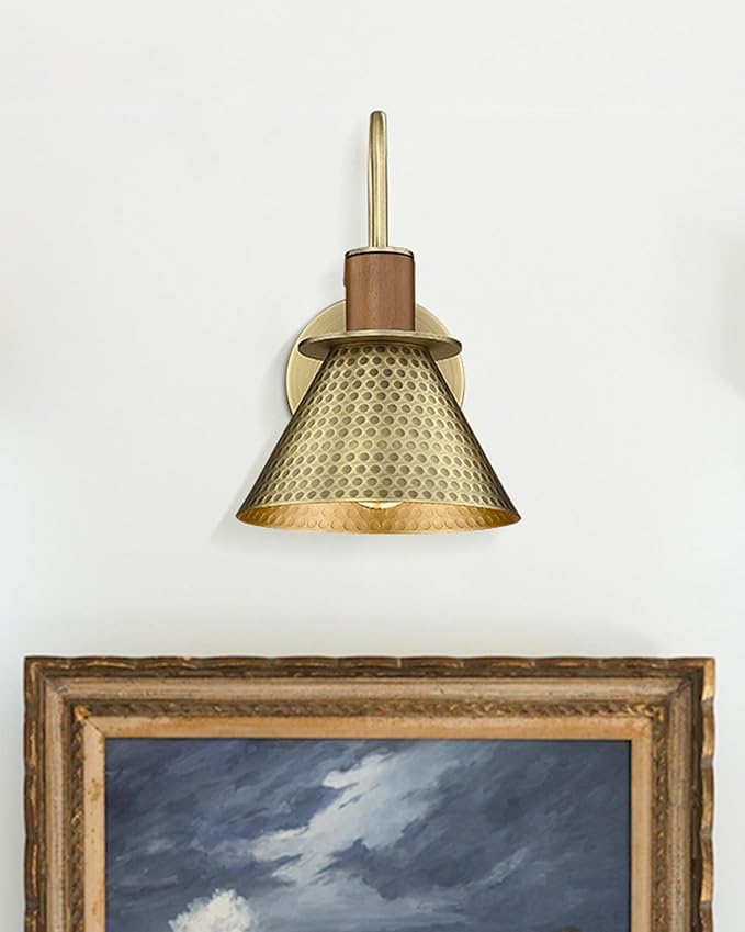 Brass Wall Sconces Set of Two, HWH Industrial Wall Light Fixtures Gooseneck Barn Light, Single Wall Lamp for Bedroom Bedside Bathroom Kitchen, Hammered Metal Shade, Antique Brass, 5HZG74B-2 BG