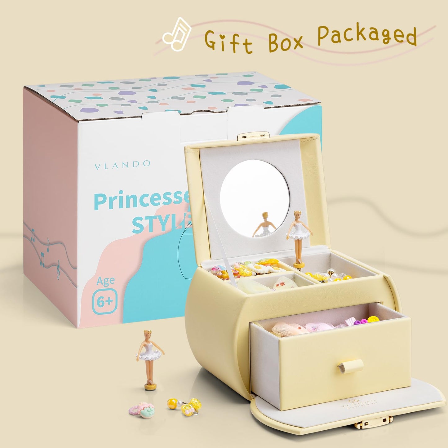 VLANDO Kids Musical Jewelry Box for Girls with Drawer, Music Box with Ballerina and Stickers for Birthday Bedroom Decor, Gifts for Girls Kids Christmas Thanksgiving Gifts 2024 - Yellow
