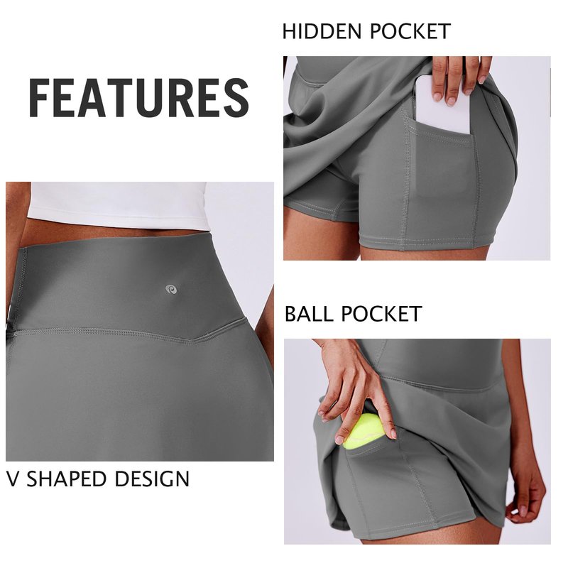 PINSPARK Tennis Skirt for Women High Waisted Athletic Golf Skorts Lightweight Mini Skirts Workout Skater Pockets, Grey Sage Medium