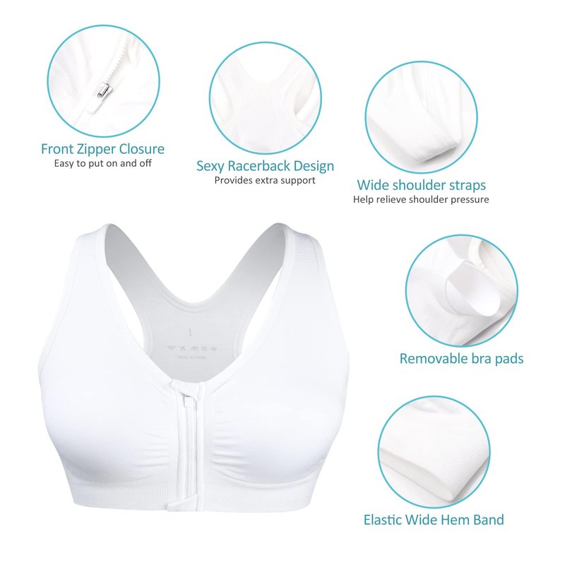 Women's Zip Front Sports Bra - Wireless, Padded, Post-Surgery Zipper Front Racerback Workout Yoga Gym Bra Top 2 Pack