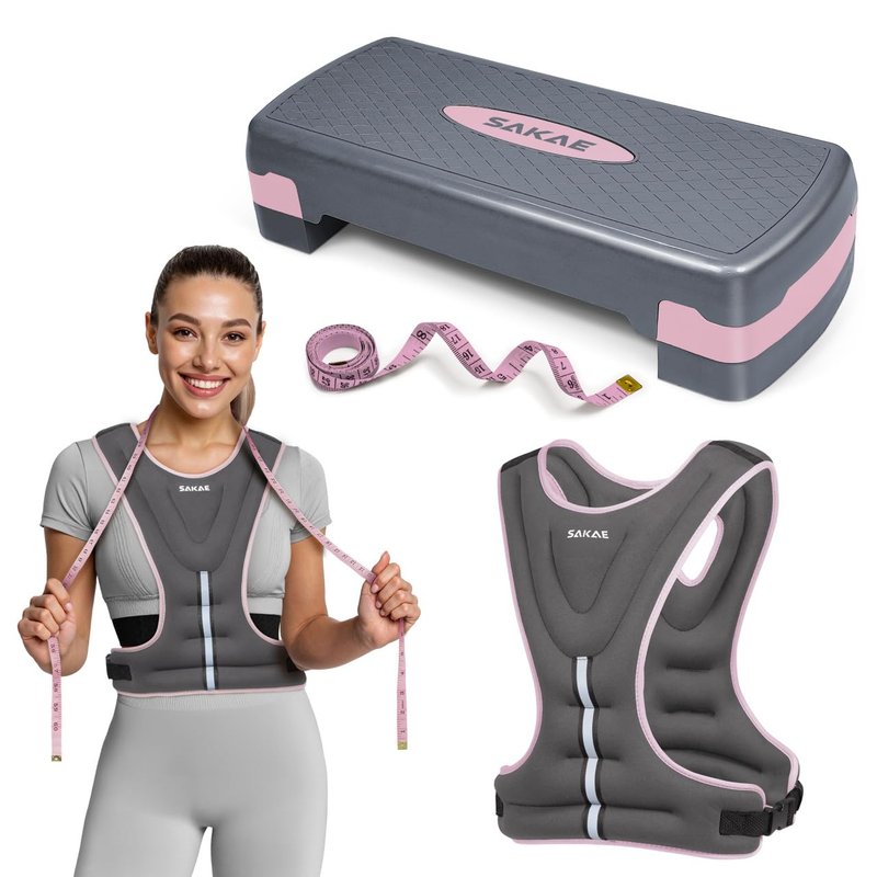 Step Aerobics Platform Set with Weighted Vest & Measuring Tape, Aerobic Steppers for Exercise at Home, Adjustable Height 2 Level Risers Workout Stepper with Non-Slip Surface, Pink Grey