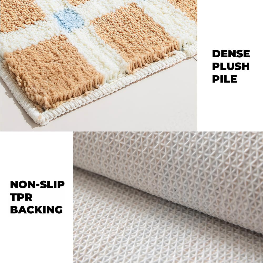 GIB Bathroom Runner Rug Mat 47" x 16", Extra Soft Absorbent Plush Fluffy Bath Rugs, Non-Slip Washable Bath Mats for Bathroom Floor Shower Bedroom Decor, Warm Beige Cream Checkered with Blue Accents