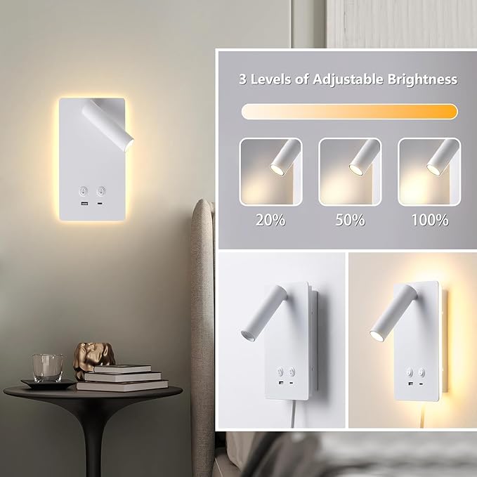 Dimmable Wall Mounted Reading Light for Bed, LED Wall Lamps with USB C+A Ports, Hardwire & Plug in 2 in 1 Wall Sconces with Switch, Eye-Caring Bed Side Lamp with 9W+3W Backlight 3000K (2 Pack)