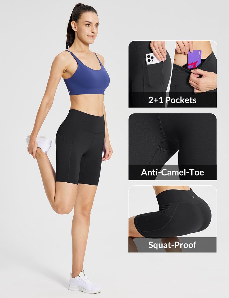 baleaf Women's High Waist Biker Shorts Tummy Control Spandex Shorts with 3 Pockets for Yoga Running Workout Compression 8" Black XXL