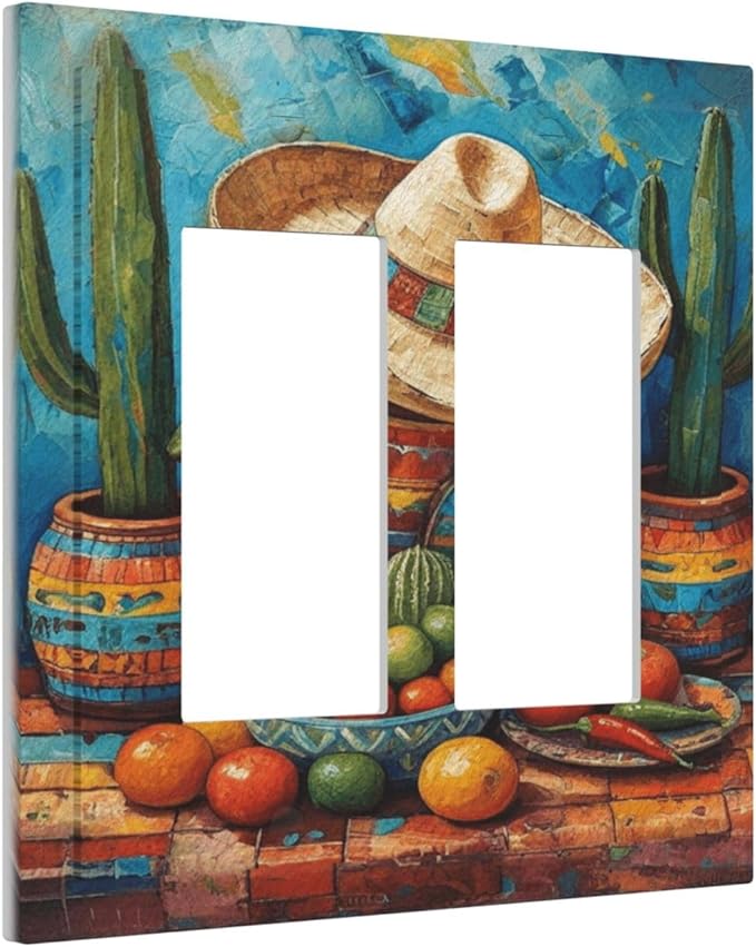 Decorative Art Light Switch Covers Mexican Sombrero & Serape Vibes 2 Gang Dual Rocker Outlet Switch plate Faceplate GFCI for Home Decor