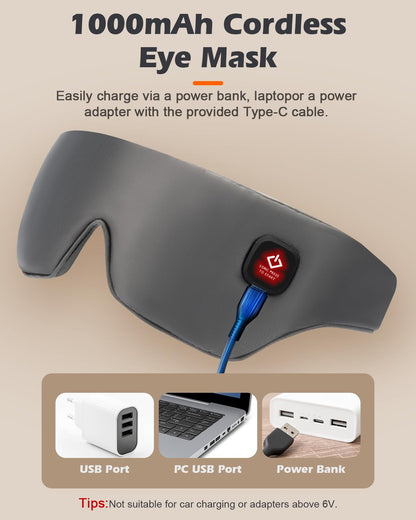 Silk Cordless Heated Eye Mask, Washable Sleep Mask Warm Compress Mask Soft Pressure Free Shade Blindfold Electric Eye Heating Pad for Blepharitis Sinus Stye Gifts for Men Women (Grey)