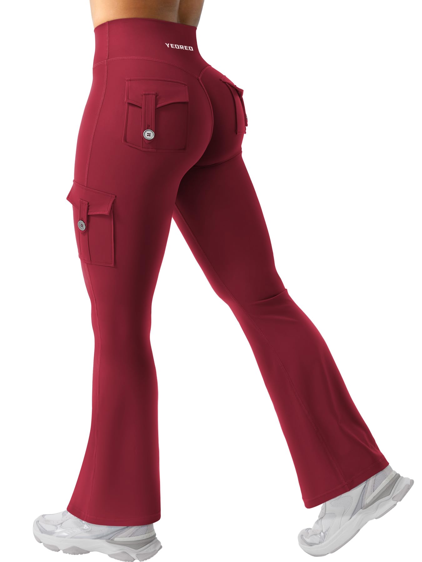 YEOREO CoreFlex Women Workout Flare Leggings with Pockets Scrunch Cargo Gym Yoga Leggings Wine L