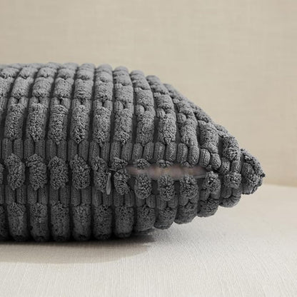 Fancy Homi Dark Grey Lumbar Decorative Throw Pillow Covers 12x24 Inch for Living Room Couch Bed Sofa, Rustic Farmhouse Boho Home Decor, Soft Striped Corduroy Rectangle Cushion Case 30x60 cm