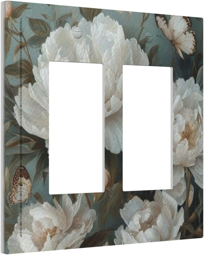 Decorative Art Light Switch Covers Butterflies & Peonies 2 Gang Dual Rocker Outlet Switch plate Faceplate GFCI for Home Decor