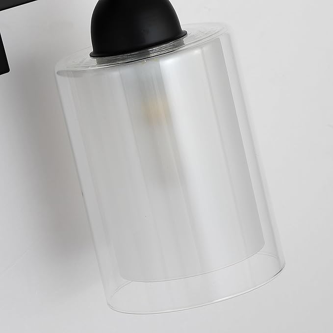 Matte Black Bathroom Vanity Light Over Mirror, 2 Light Bathroom Light Fixtures with Milk Glass and Clear Glass Shades, Modern Vanity Lighting Wall Mount
