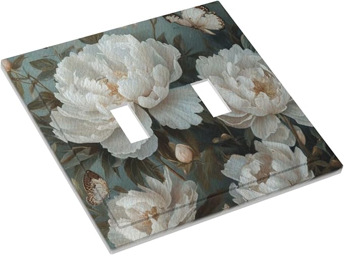 Decorative Art Light Switch Covers Butterflies & Peonies 2 Gang Double Toggle Wall Plate Decorative Switchcover Electrical Switchplate for Home Decor
