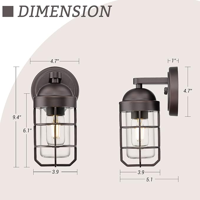 Emliviar Farmhouse Outdoor Wall Light for House Porch, Vintage Exterior Wall Lantern, Industrial Nautical Metal Cage with Clear Tempered Glass, Oil Rubbed Bronze Finish, GE255B ORB