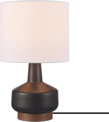 GLOBE Electric 61000046 15" Ceramic Table Lamp, Matte Black, Wood Toned Base, White Linen Shade, Dual Rotary Switch on Socket, Modern Lighting for Bedroom or Office, Home Décor, Lights for Nightstand
