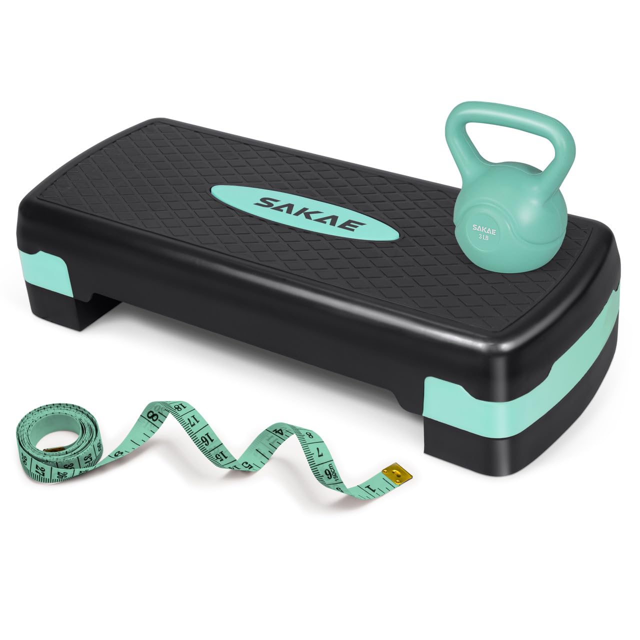 Green Black Exercise Step Platform Set with Kettlebell & Measuring Tape, Adjustable Height 2 Level Risers Workout Step Trainer, Aerobic Steppers for Home Gym Exercise Fitness Workout