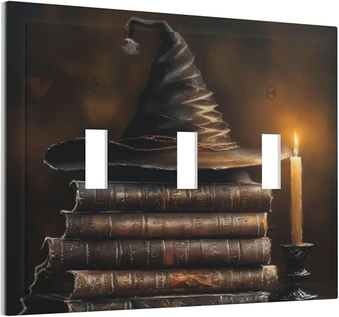 Decorative Art Light Switch Covers Wizard’s Hat & Spellbooks 3 Gang Triple Toggle Wall Plate Decorative Switch plate Electrical Faceplate for Home Decor