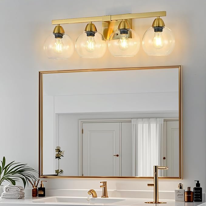 4-Light Bathroom Vanity Light, Gold Wall Sconce with Premium Hand-Crafted Glass Shades, Shatter-Resistant & Few Imperfections, Ideal for Mirror, Kitchen, Living Room