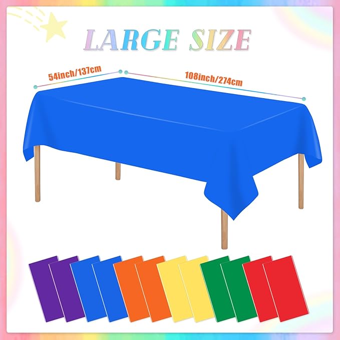 12 Packs Disposable Plastic Tablecloths 54 x 108 Inch Rainbow Color Table Cloths Colorful Rectangle Waterproof Table Covers for Birthday Wedding Picnic Theme Party Decoration