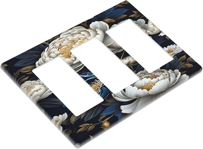 White Gold Blue Flower 3 Gang Rocker Triple Outlet Wall Plate Decorative Switchplate Cover Faceplate GFCI Light Switch Covers for Farmhouse Living Decor