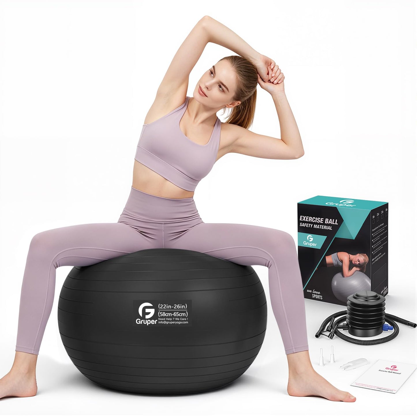 Gruper Exercise Ball, Extra Thick Yoga Ball for Working Out, Yoga & Pregnancy, 4 Sizes Anti-Burst Balance Ball with Foot Pump for Pilates, Physical Therapy & Fitness