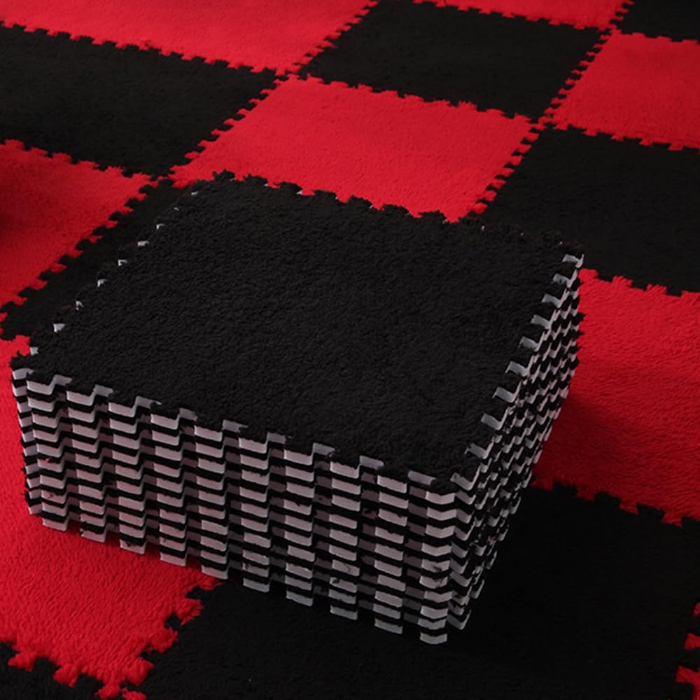 ZuTKekon 12-Pieces Square Interlocking Shaggy Soft EVA Foam Puzzle Play Mats Fuzzy Carpet Fluffy Area Rugs Set Tiles Plush Play Mat for Home Bedroom Playroom (Black + red,12 * 12inches)