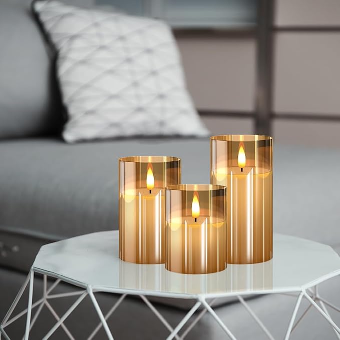 Tyawon Glass Battery Operated LED Flameless Candles with Remote and Timer, Real Wax Candles Warm Color Flickering Light for Festival Wedding Home Party Decor(Pack of 3)-Gold