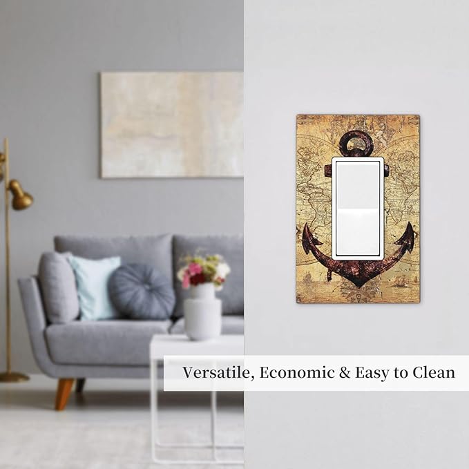 Anchor Nautical Vintage Map Single Rocker Light Switch Covers 1 Gang Outlet Cover Wall Plate Decorative GFCI Switchplate Faceplate for Office Livingroom Home Decor