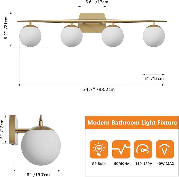 Gold Vanity Lighting Fixtures, 4-Light 34.7 Inch Modern Bathroom Light with Milky White Frosted Glass Shades, Wall Lights for Bathroom, Bedroom, Living Room(G9 Bulb not Included)