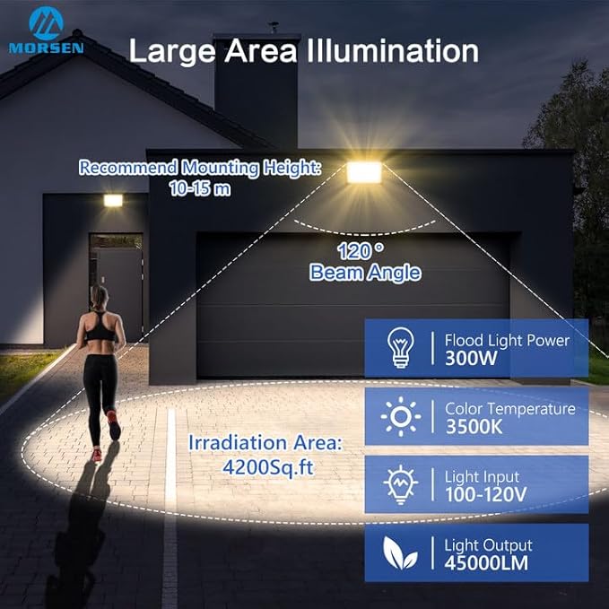 MORSEN 300W Warm White Led Flood Lights Outdoor, 3000K Super Bright 45000LM Security Lights with Plug,Exterior IP66 Waterproof FloodLight for Basketball Court, Yard, Garden, Playground 2 Pack
