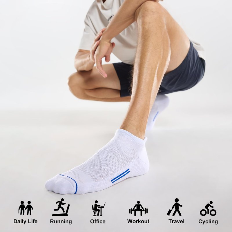 FITRELL 6 Pack Men's Ankle Running Socks Low Cut Cushioned No Show Compression Athletic Sports Gift for Men, Shoe Size 9-12, White+Blue