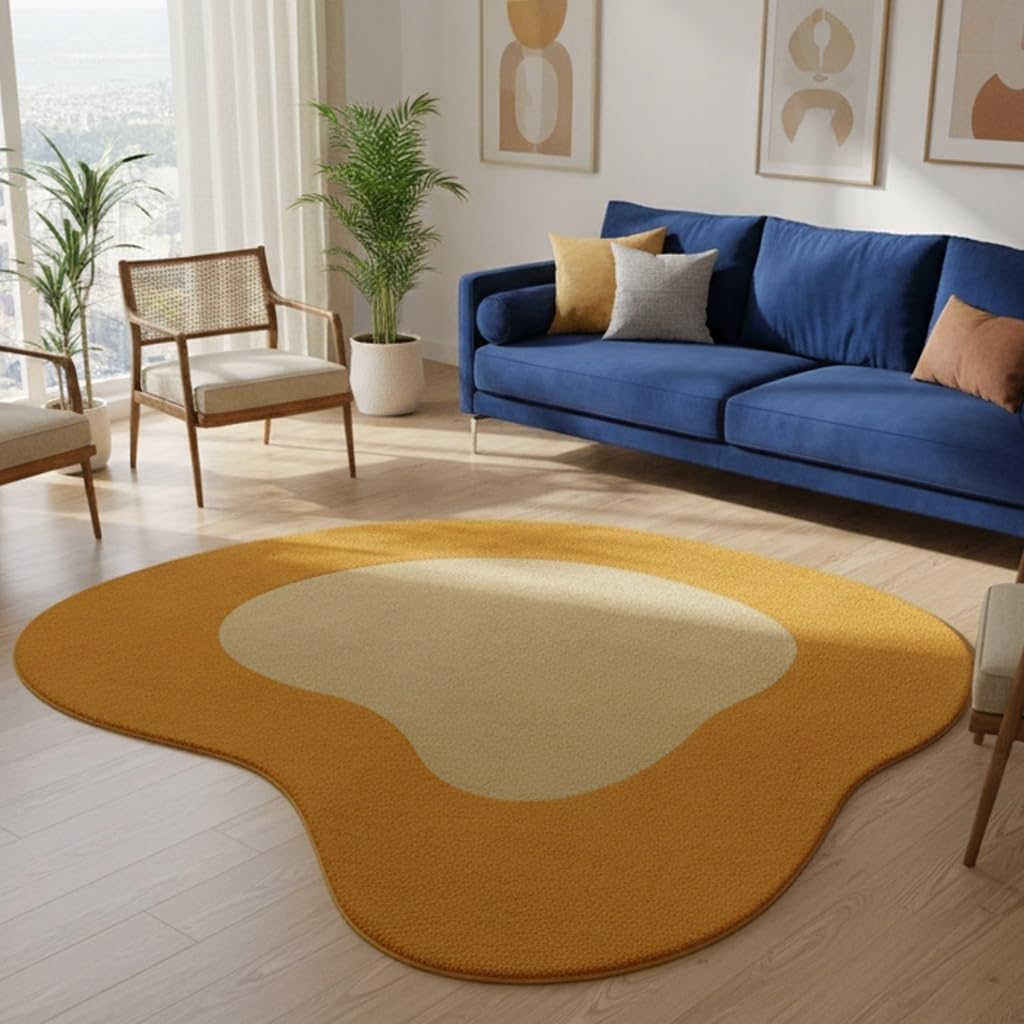 Mustard Yellow Beige Modern Abstract Irregular Area Rug 6ft Unique Design Irregular Shaped Rugs for Living Room Bedroom Playroom Pet Friendly Carpet Boho Under Dining Table Non Slip Easy Clean Mats