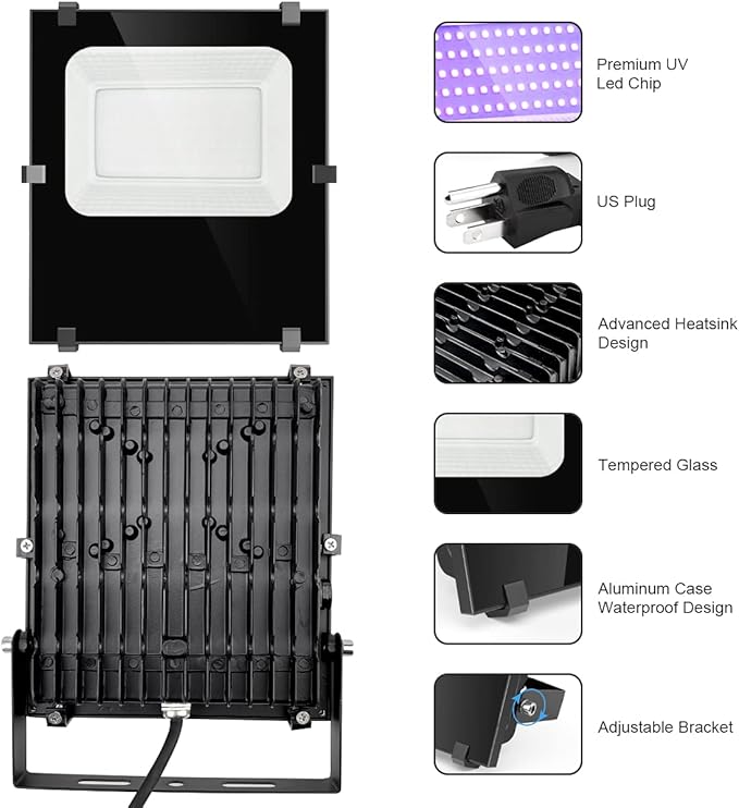 300W Black Lights Outdoor, Commercial High Power LED Black Light Flood Lights IP66 Waterproof Blacklight FloodLight 395nm Black Light Spotlight for Glow Party Large Space, Halloween (2 Pack)