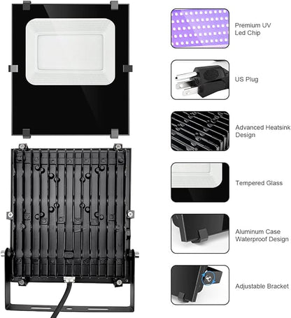 300W Black Lights Outdoor, Commercial High Power LED Black Light Flood Lights IP66 Waterproof Blacklight FloodLight 395nm Black Light Spotlight for Glow Party Large Space, Halloween (2 Pack)