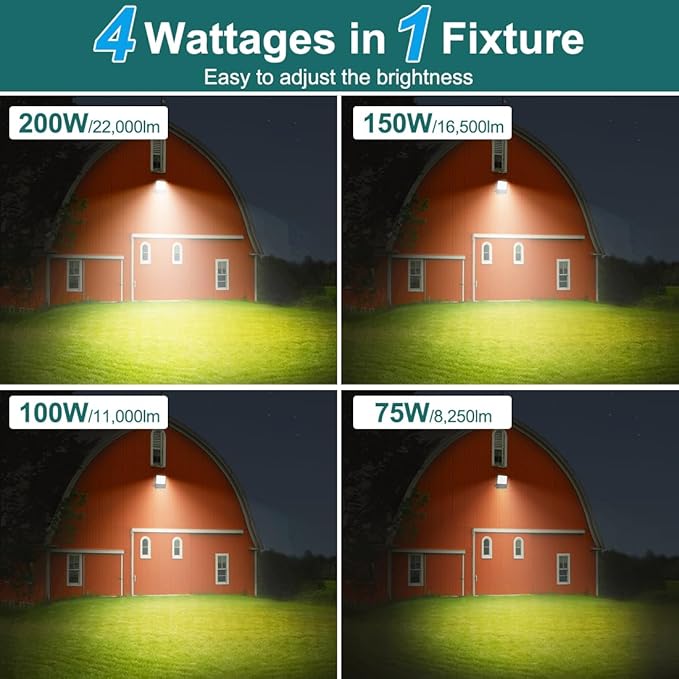 kadision LED Flood Light with 4 Selectable Wattage 200W/150W/100W/75W, Dusk-to-Dawn Photocell, 22000lm 5000K 100-277V IP66 Waterproof Trunnion Mount Outdoor Parking Lot Lights, ETL Listed