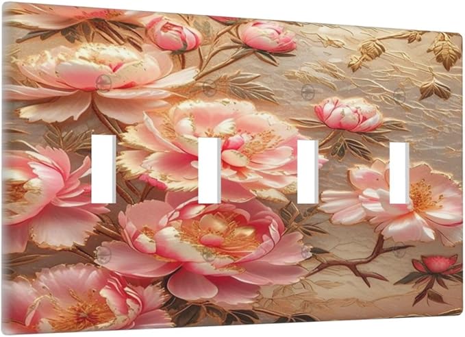 Pink Blooming Flowers Peonies Floral Light Switch Covers Quad Toggle 4 Gang Wall Plate Decorative Switch plate Electrical Faceplate for Farmhouse Living Decor