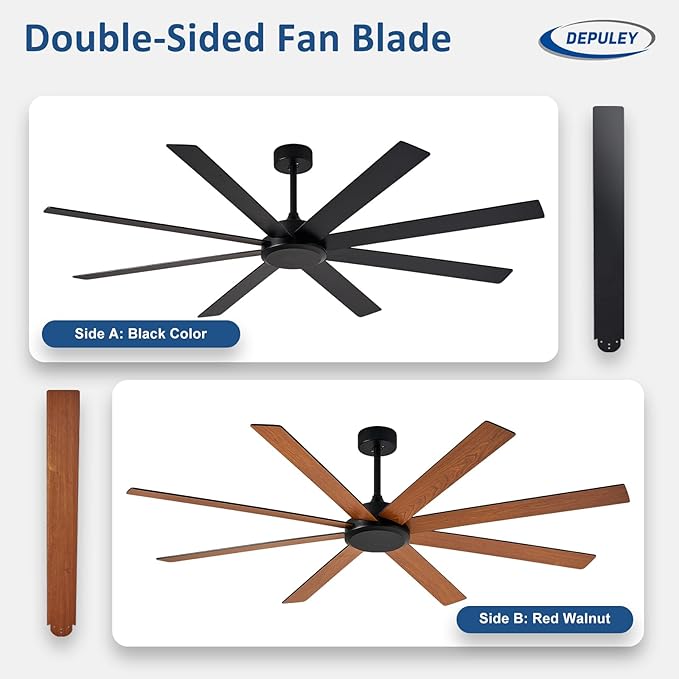 Depuley Black Ceiling Fan without Light: 72 Inch Indoor/Outdoor Fan Reversible DC Motor 6 Speed - Dual 8 Blades Large Ceiling Fans with No Light for Living Room Covered Patio