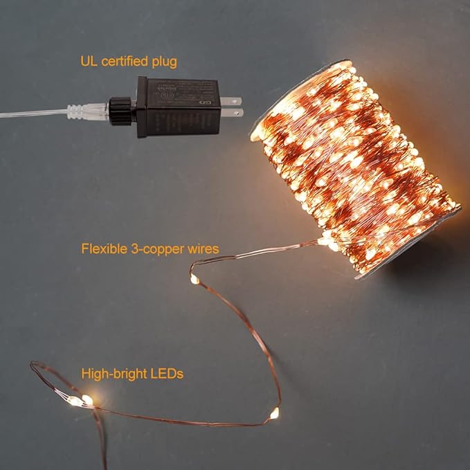 100Ft Warm White Plug in Fairy Lights 300 LED Waterproof Twinkle Copper Wire String Lights with Remote for Christmas Tree Bedroom Porch Patio Garden Wedding Party
