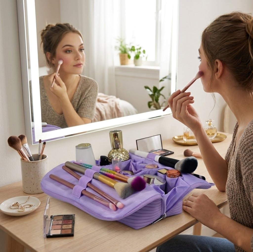 Tense Edano Travel Makeup Bag for Women, Waterproof Stand Up Cosmetic Bag with Brush Holders, Organizer Bag with Compartments, Fold-Down Design for Skincare, Toiletries & Essentials (Purple, Medium)