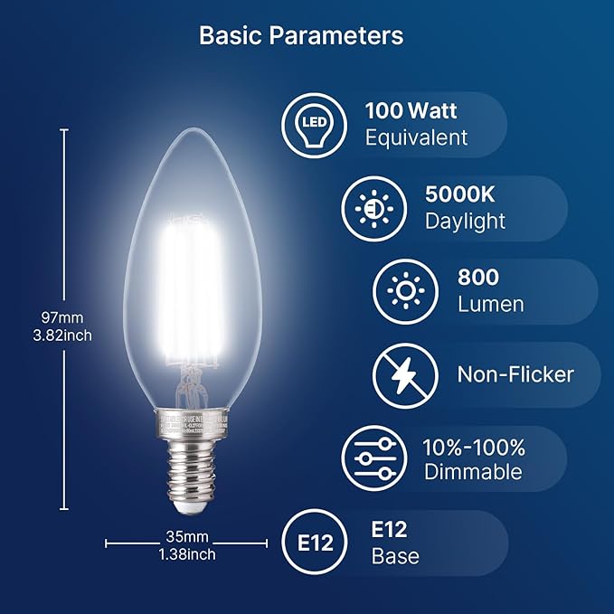 FLSNT 100W Equivalent Candelabra LED Bulbs 5000K Daylight, Dimmable LED Chandelier Light Bulbs for Dining Room, Living Room, Porch, 800LM, E12 Base, 12 Pack UL,CA65 Listed.