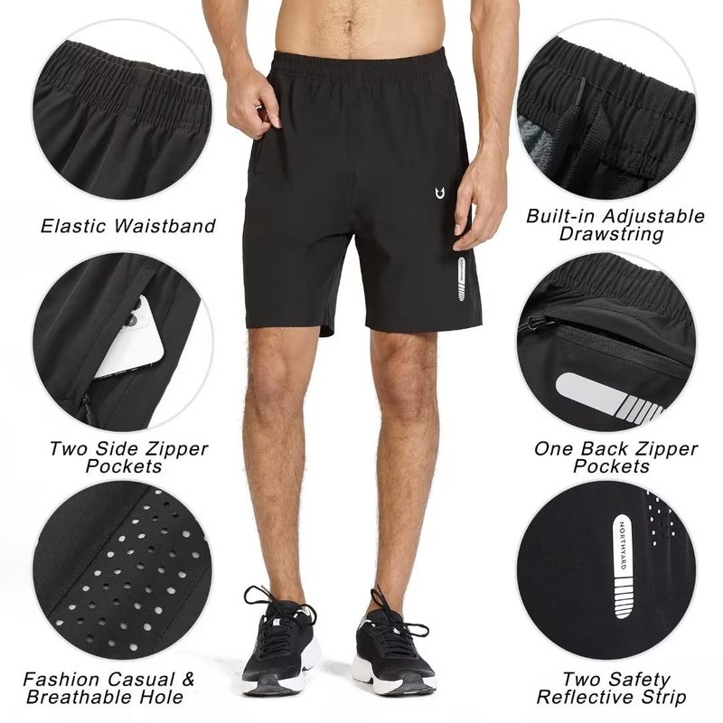 NORTHYARD Men's Athletic Running Shorts Gym Workout 7"/9"/5" Quick Dry Lightweight Sports Basketball Tennis 3 Zipper Pockets Black M