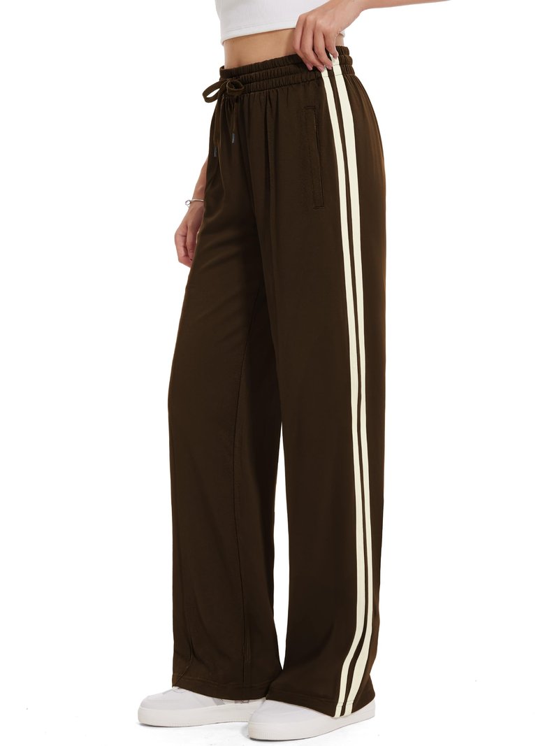 Tapata Tall Womens 34" Inseam Track Pants Relaxed Fit Striped Workout Sweatpants Baggy Trousers with Zipper Pockets, Brown, M